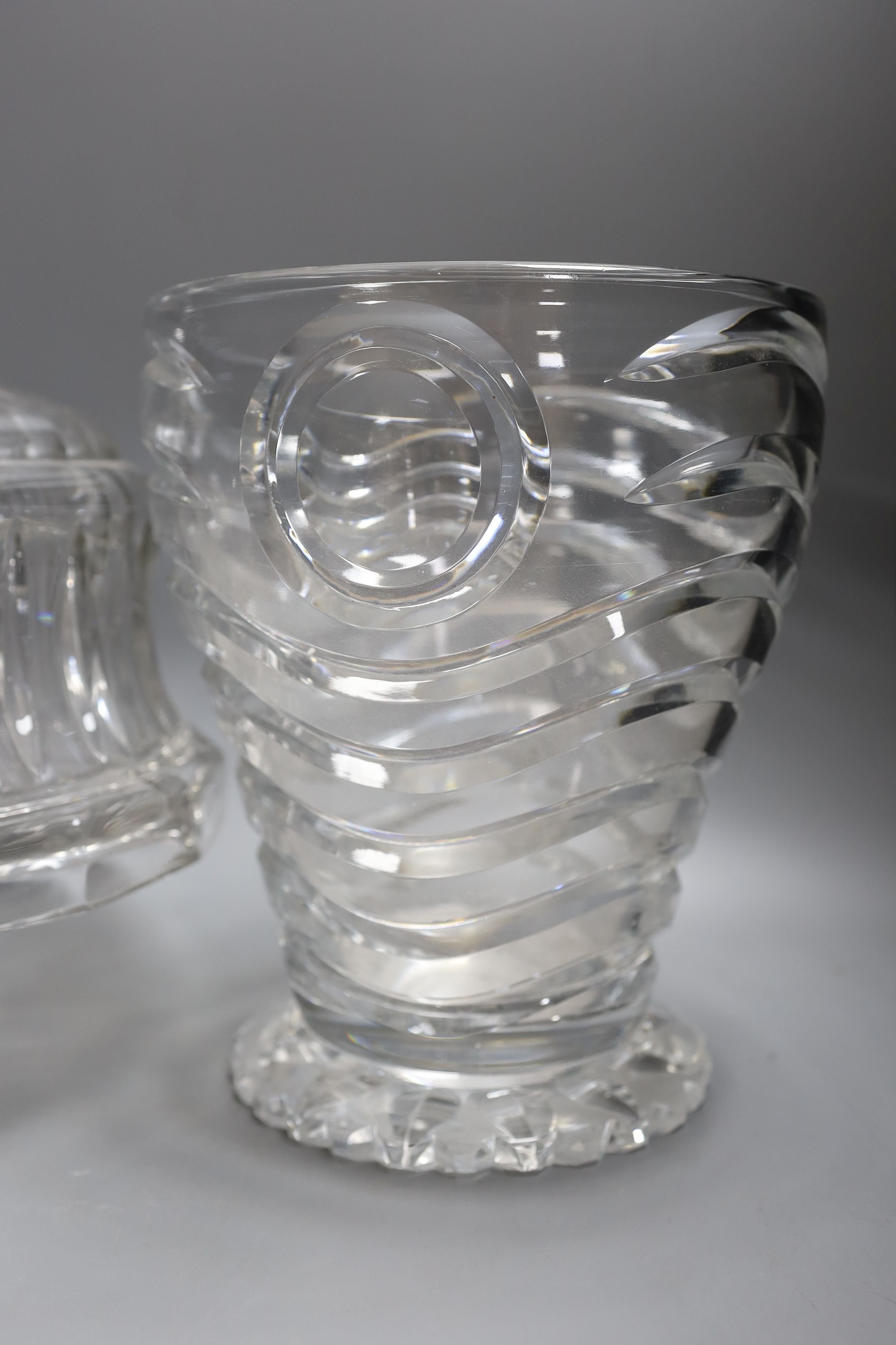 A large cut crystal cake stand together with a wave cut vase, 25cm tall, (2)